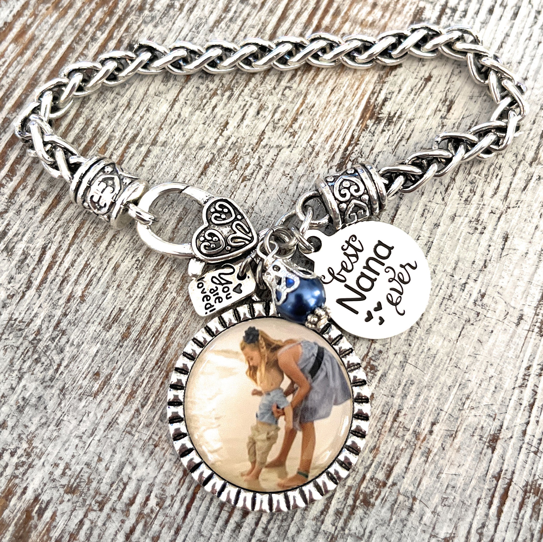 best nana ever bracelet for grandma with photograph of grandkids and you are loved charm. Custom photo jewelry