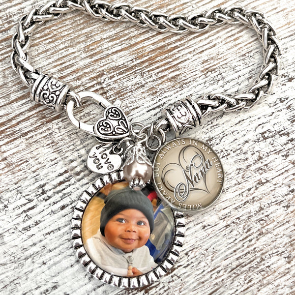 Grandma Long Distance Gift from Grandson or Granddaughter-Custom Photo Bracelet for Nana-Miles Apart But Always In My Heart-Mother's Day-Birthday