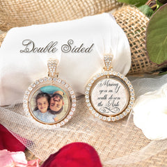 custom photo memorial bouquet charm to attach to bridal flowers. Double sided pendant with photo on one side and saying on back side: Missing you as I walk down the aisle