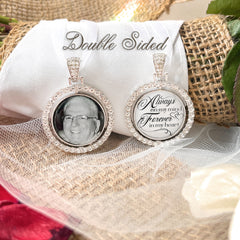 Memorial bridal bouquet charm comes with photo and custom saying. Image size is roughly 1 inch. Pendant is double sided with Always on my mind Forever in my heart