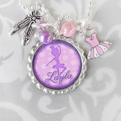 personalized girls ballerina necklace with custom name and ballerina slippers charm and pink and white ballerina tutu charm dance gift pink purple