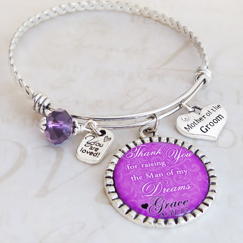 Mother of the Groom Gift - Personalized Bracelet, Personalized BANGLE Bracelet - Gift from Bride, Wedding Date Jewelry - Wedding Keepsake