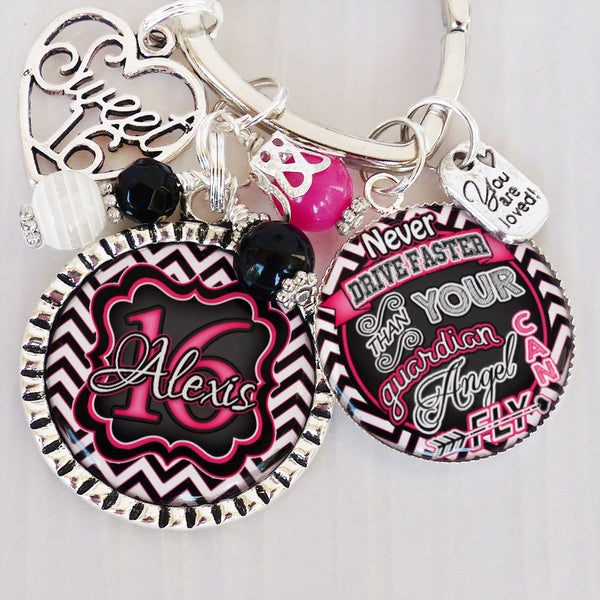 SWEET 16 Gift - Keychain - 16th Birthday Gift-  New Driver, Sweet 16 Charm- Keepsake - Girls Birthday Gift - Inspirational Jewelry - Pink