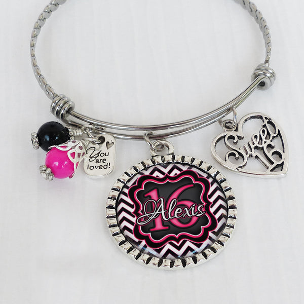 Personalized SWEET 16 GIFT, Birthday Bracelet, Custom Name, Pink. Black