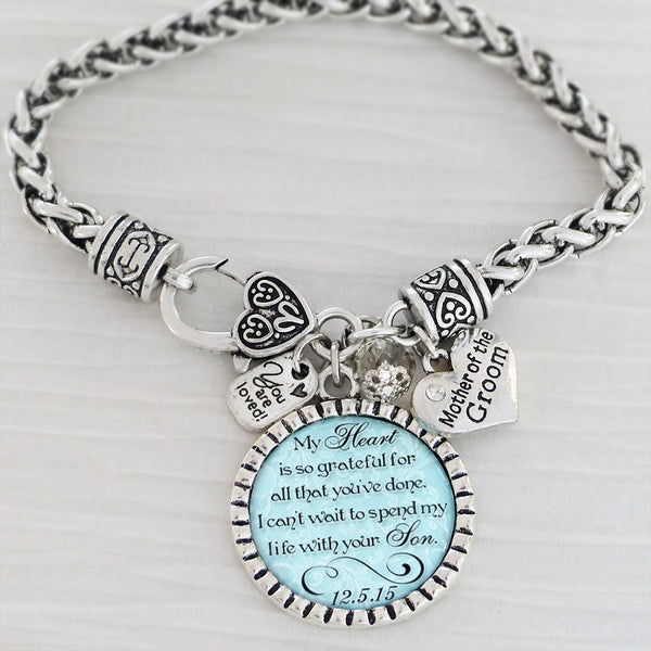 Mother of the Groom Gift, Personalized Wedding Bracelet, Message, My Heart is so Grateful, Wedding Date Jewelry-Gift for Mother of Groom