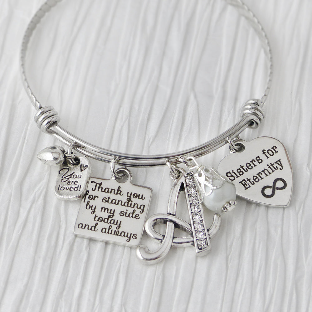 Sister Gift, Sisters for Eternity, Initial Wedding Bracelet, Expandable Bangle, Birthday Gift for Friend