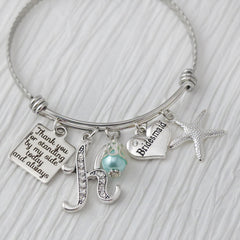Bridesmaid Gift - Thank you for standing by my side, Beach Wedding- Initial Bridal Jewelry-Expandable Bangle -Starfish-Charm Bracelet, Blue