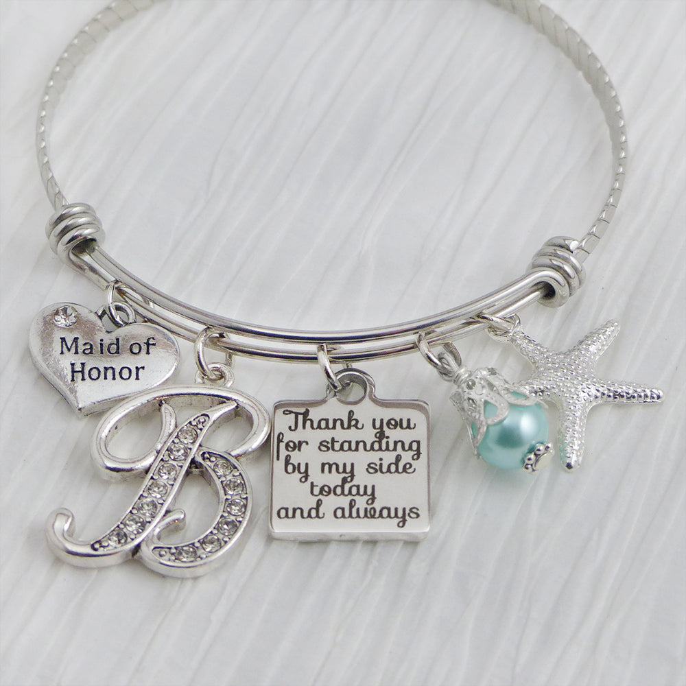 MAID OF HONOR Gift, Thank you for standing by my side today and always, Beach Wedding Jewelry, Expandable Bangle, Starfish Charm