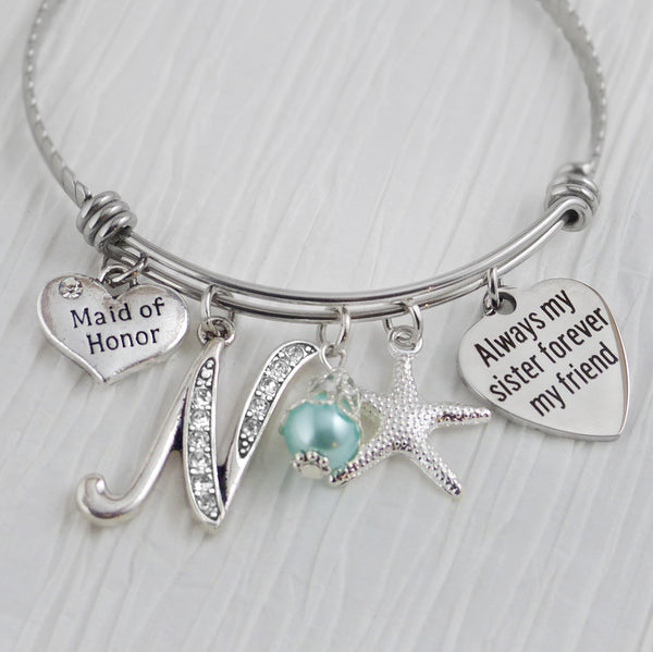 Sister Maid of Honor Gift, Always my sister forever my friend, Initial Bracelet, Personalized Wedding Jewelry, Gift from Bride, Bridal Party Jewelr
