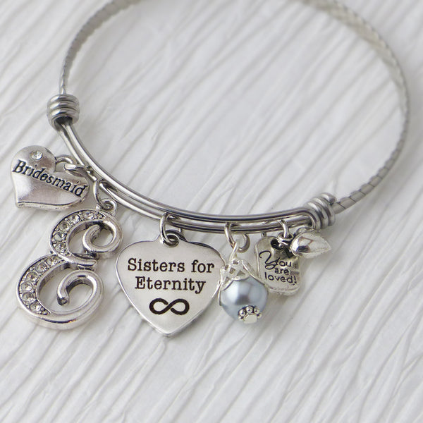 Bridesmaid Wedding Jewelry, Personalized Bridesmaid Gift from Bride, Wedding Bridesmaid Jewelry-Expandable Bangle, Sisters for Eternity, You are loved
