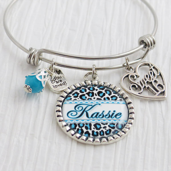 SWEET 16 GIFT, 16th Birthday Gift, Personalized Bangle Bracelet, 16 Jewelry- Leopard Print, Sweet 16 Jewelry, Heart, You are loved, Friend