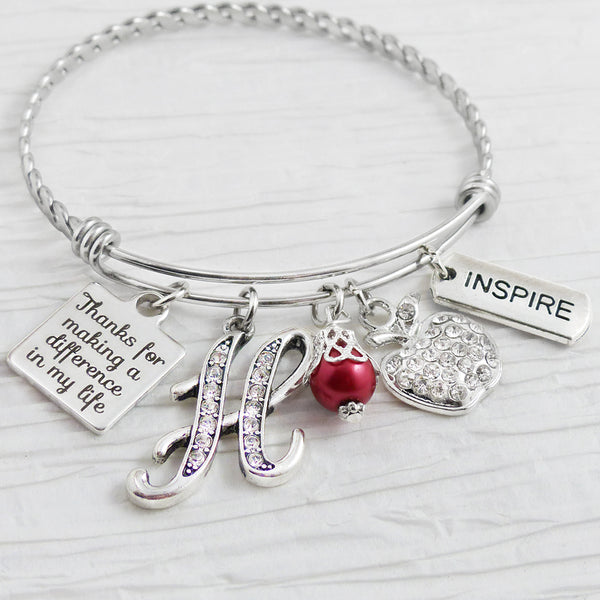 Personalized Teacher Bracelet, Teacher Appreciation Gift-Thank you for making a difference in my life, Apple charm, Inspire