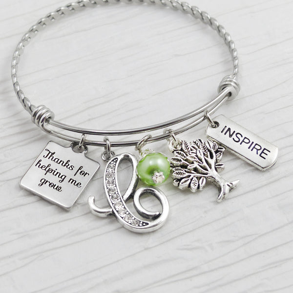 Teacher Jewelry, Bangle Bracelet- Teacher Appreciation Gift-Thank you for helping me grow, Tree charm, Inspire