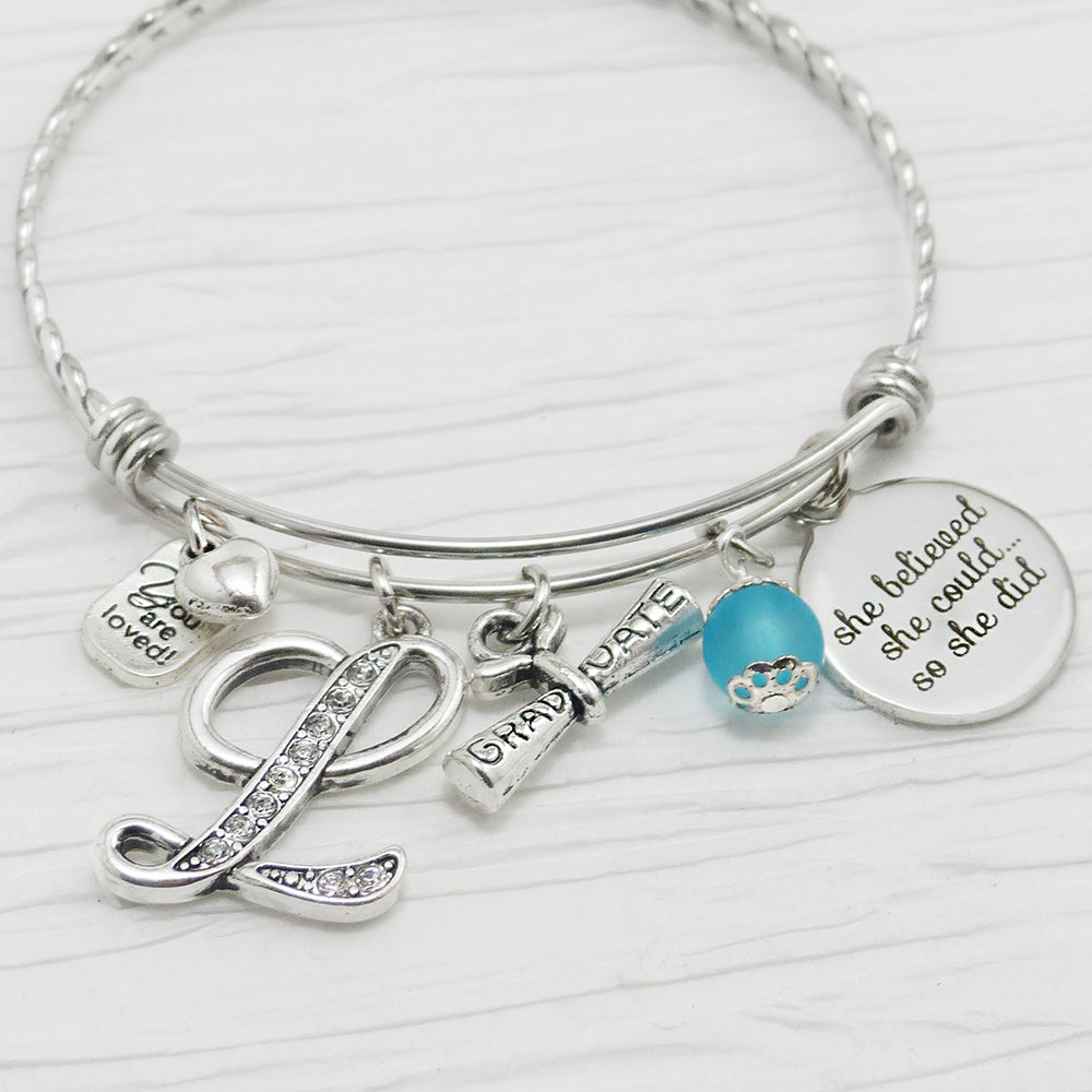 Graduation Gift,She Believed she could so she did,Letter Charm Bangle Bracelet-Jewelry-High school New Grad Gift, College Grad Gift,Graduate