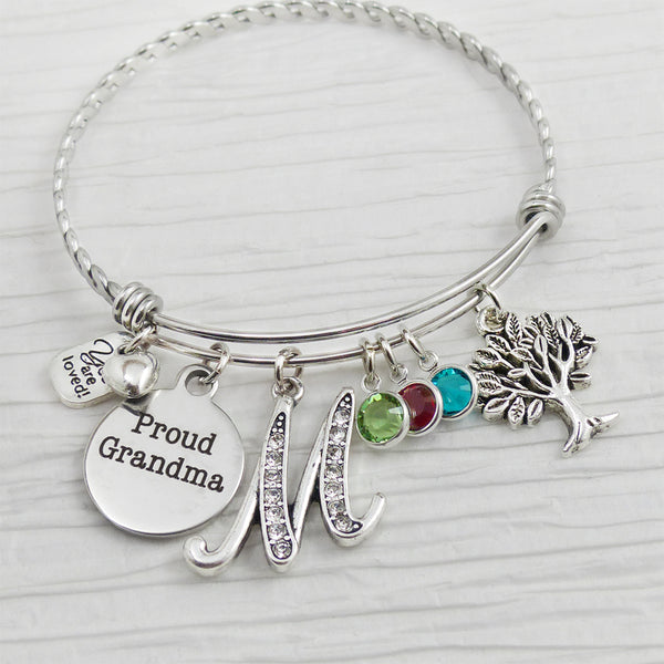 GRANDMA BRACELET with Birthstones-PROUD Grandma Charm,Family Tree Charm-Bangle Bracelet-Mother's Day Jewelry -Gifts for Grandma-Mother's day
