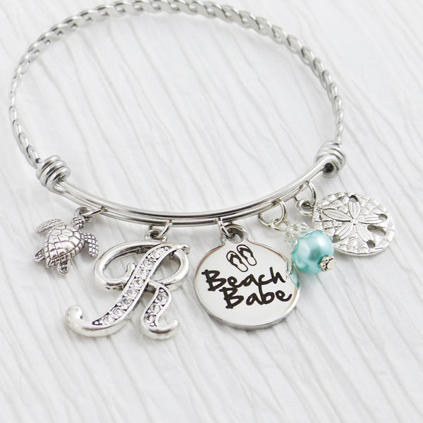 Personalized Beach babe bangle bracelet with sea turtle charm sand dollar charm and blue bead. Beach lover jewelry for friend birthday or just because