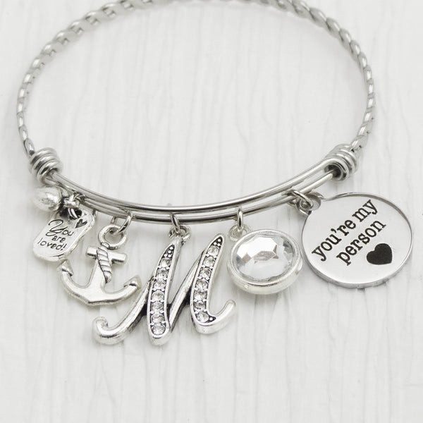 You're my person bracelet, Initial BANGLE Bracelet, Charm Bracelet, Personalized Gift
