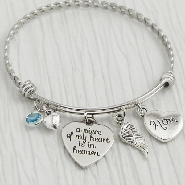Memory remembrance jewelry, A piece of my heart is in heaven Bangle Bracelet, Wing Charm, Birthstone Jewelry