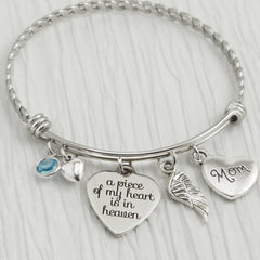 Memory remembrance jewelry, A piece of my heart is in heaven Bangle Bracelet, Wing Charm, Birthstone Jewelry