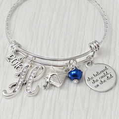 Personalized she believed she could so she did bangle bracelet with rhinestone letter charm graduation cap charm and custom year charm