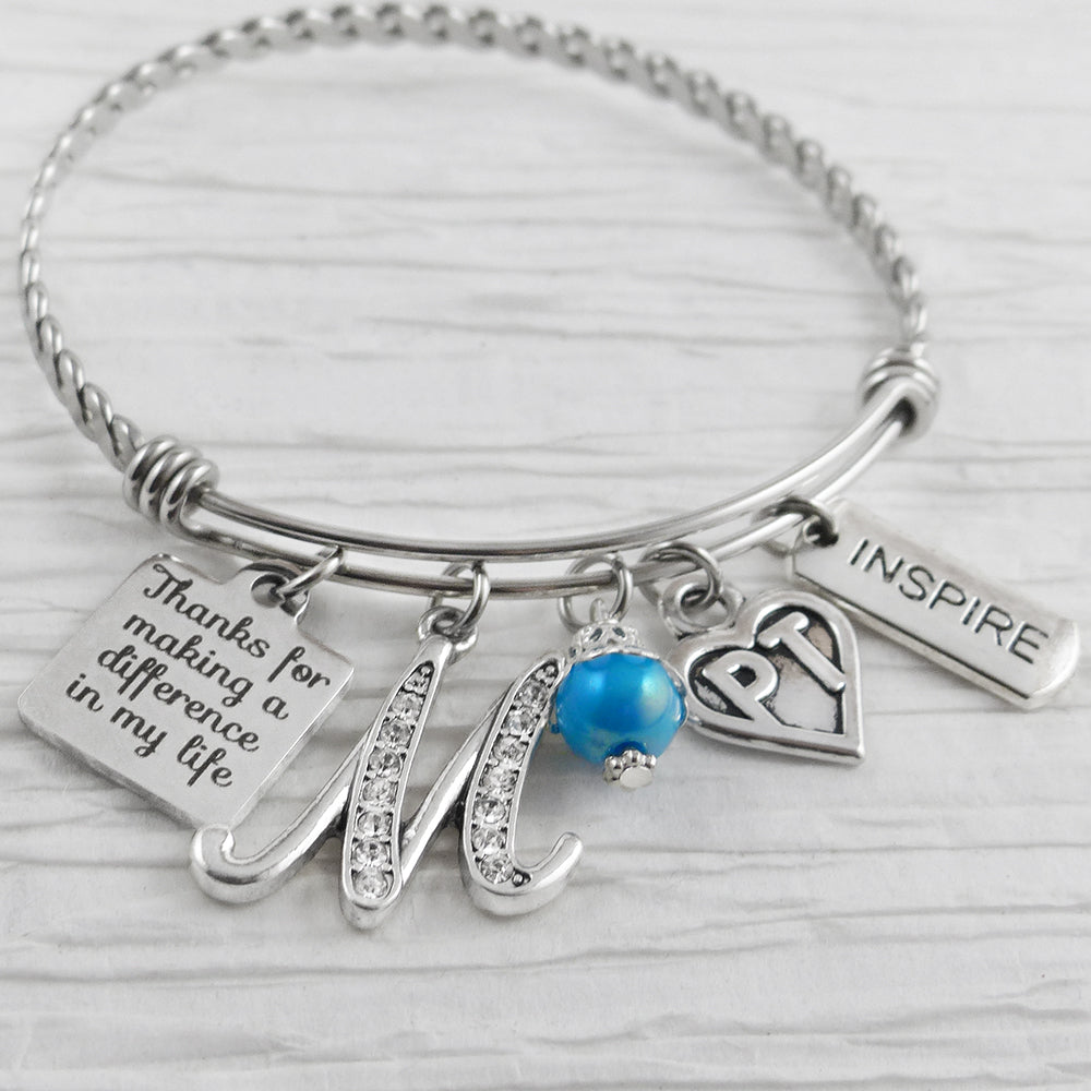 PT GIFTS , Therapist Thank you Bracelet , Physical Therapy Gifts, Personalized Bangle Bracelet, Physical Therapist- Inspire, Special Needs