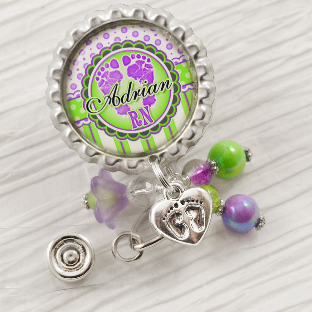 RN Labor and Delivery Footprint Badge Reel, Personalized Badges for Nurses, NICU RN, Postpartum ID Badge Pull, Purple Green, RN Gifts, Graduation