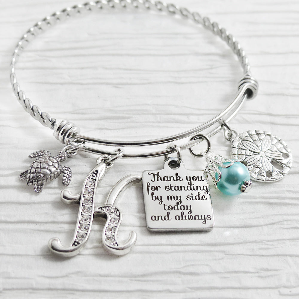 Bridal Party Gifts - Thank you for standing by my side, Beach Wedding- Initial Bridal Gift-Expandable Bangle -Starfish -Charm Bracelet, Sea