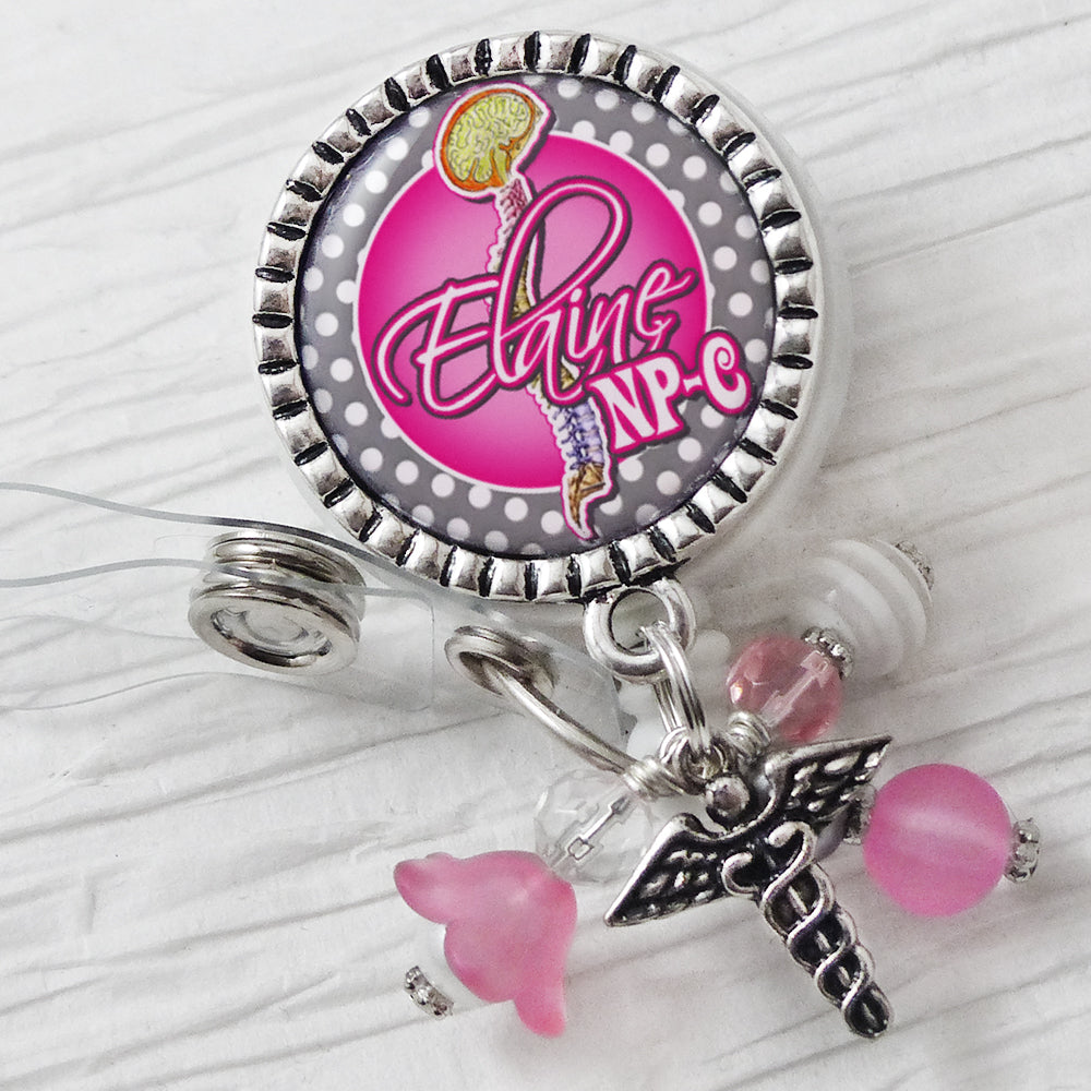 Personalized Neurosurgery Badge Holder, Brain, Spine, ID Badge Pull, Pink, Grey, Retractable Badge Reel for Nurses, Neuro RN Gifts Graduation