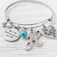 Personalized Sweet 16 Gift, 16th Birthday Bracelet, Letter Bangle Bracelet, Personalized Jewelry- Follow your Arrow, Heart, You are loved