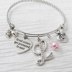 NEW AUNT GIFT, Birthday Gift, Personalized Bangle Bracelet, Great Sisters Get Promoted to Aunt, Footprint Charm, Pregnancy Announcement