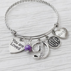 Personalized gift for aunt you are loved bangle bracelet with rhinestone letter charm, round Love charm heart shaped aunt charm and purple bead