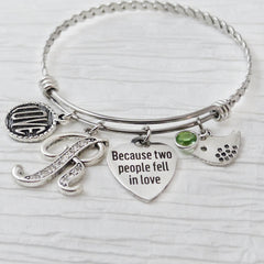 Personalized Bangle Bracelet, Because two people fell in love, Birthstone Jewelry, Bird Bracelet, Love, Gifts for Mom or Grandma