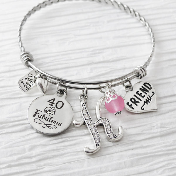 40 and fabulous custom bangle bracelet with initial letter, you are loved charm and heart shaped friend charm pink bead. can be 30 and fabulous 50 60