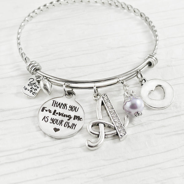 Stepmom Gift, Personalized Bangle Bracelet-Mom Jewelry-Thank you for loving me as your own- Step Mom