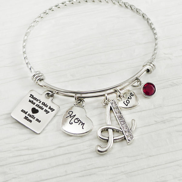Mom Bracelet, Stole My Heart, Bangle Bracelet, Mom from Son Personalized Bangle- Birthstone Jewelry, Mother's Day mom gifts