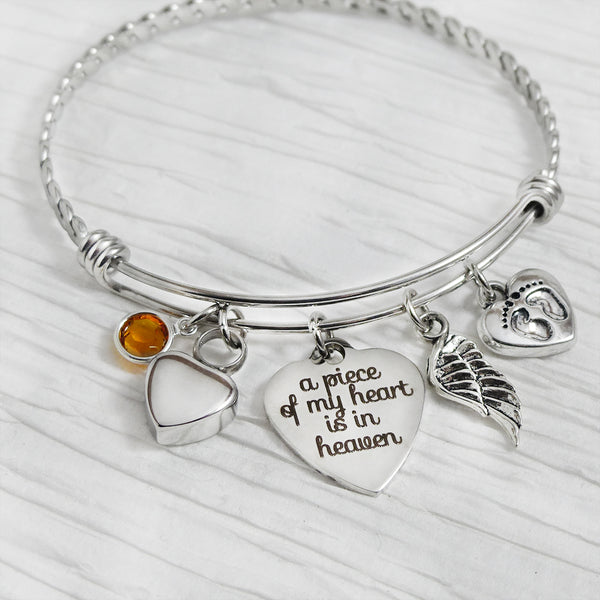 Cremation Jewelry, Urn Cremation Bracelet-A piece of my heart is in heaven, Remembrance, Memorial