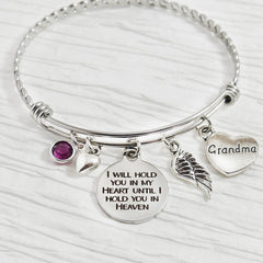 Grandma Memorial Jewelry, Remembrance Bangle Bracelet, I will hold you in my heart until I hold you in heaven, Wing, Birthstone
