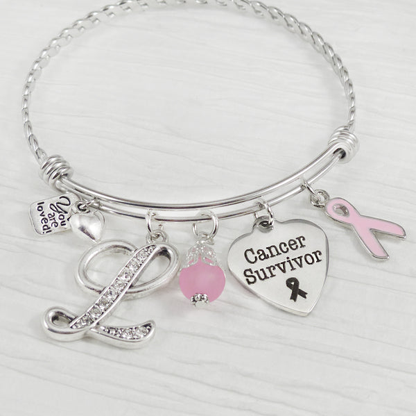 Breast Cancer Gifts, Cancer Survivor Bangle Bracelet, Awareness, Pink Ribbon, Personalized