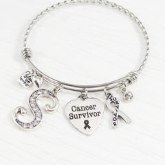 Cancer Gifts, Personalized Cancer Survivor Bangle Bracelet, Survivor Ribbon, Letter Bangle Bracelet
