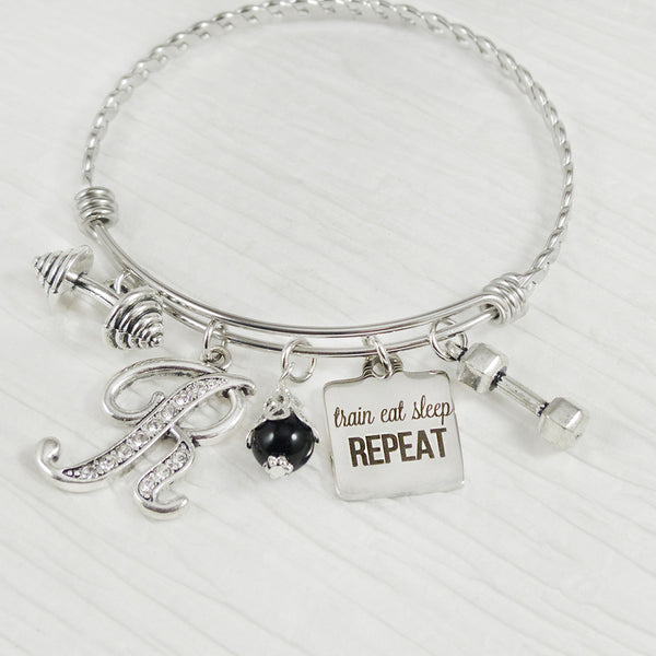 Train Eat Sleep Repeat Bracelet, Personalized fitness Jewelry, Dumbbell, Barbell
