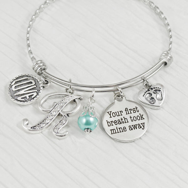 New Mom Gift- Jewelry-Your first breath took mine away-Personalized Bangle Bracelet- Baby footprint
