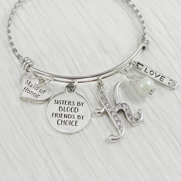 Sister Gift Bracelet, Maid of Honor Gift-Sisters by Blood Friends by Choice, Sister Wedding Jewelry,Personalized Bangle, Love