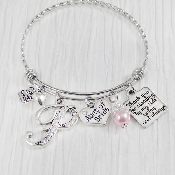 Personalized gift for aunt thank you for standing by my side today and always with aunt of bride charm you are loved and custom letter charm pink bead
