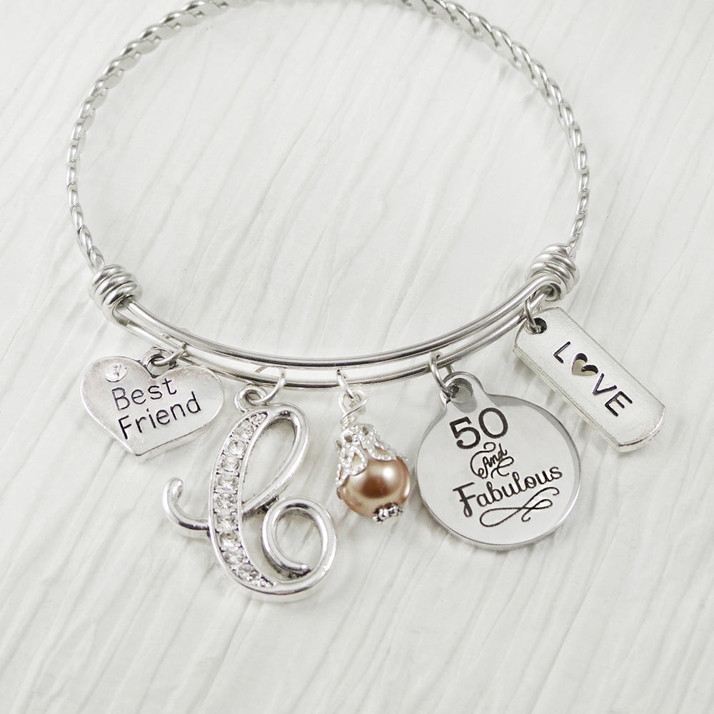 personalized best friend 50 and fabulous bangle bracelet with rhinestone letter charm and love charm and brown charm