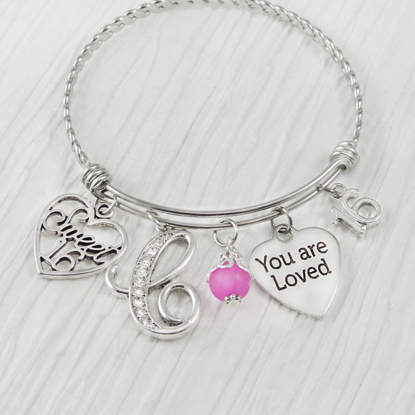 SWEET 16 GIFT, Personalized 16th Bangle Bracelet, You are Loved, Heart, 16th Birthday Gift