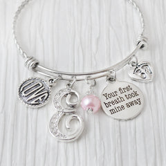 New Mom Gift- Jewelry-Your first breath took mine away-Personalized Bangle Bracelet for Moms, Baby Footprint charm