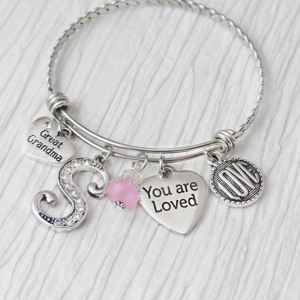 Great Grandma Jewelry, Gifts for Grandma, Bangle Bracelet, You are Loved Charm, Birthday Gifts, Valentines Day, Personalized Bangle