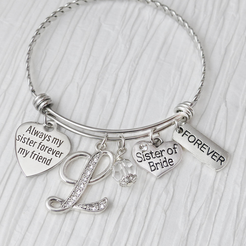 Sister of the Bride Gift, Always My Sister Forever My Friend, Initial Wedding Bracelet, Bridal Party Jewelry-Expandable Bangle-from Bride