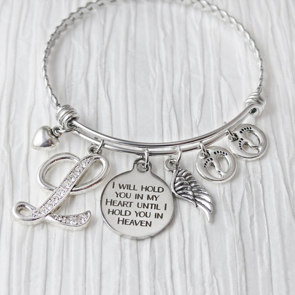 baby loss bangle bracelet I will hold you in my arms until I hold you in heaven with rhinestone letter charm two baby footprints with angel wing charm