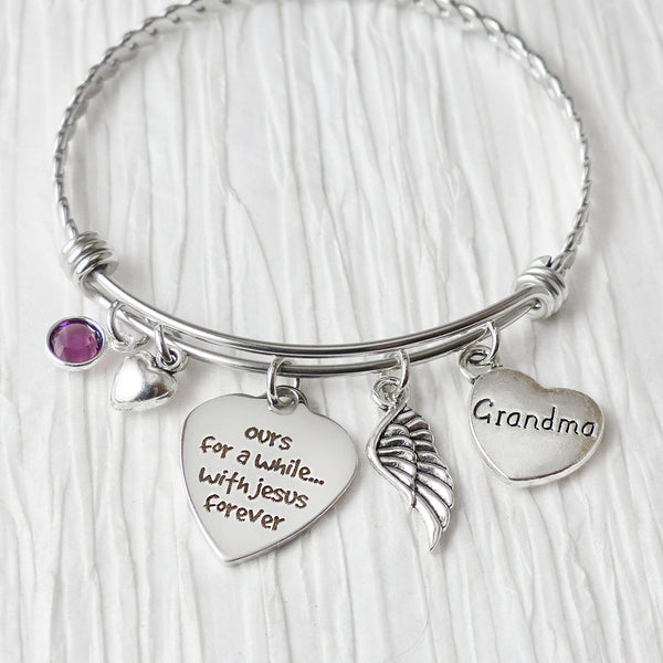 Memorial Jewelry, Grandma Remembrance Bracelet, Ours for a while with Jesus forever, Wing Charm, Birthstone